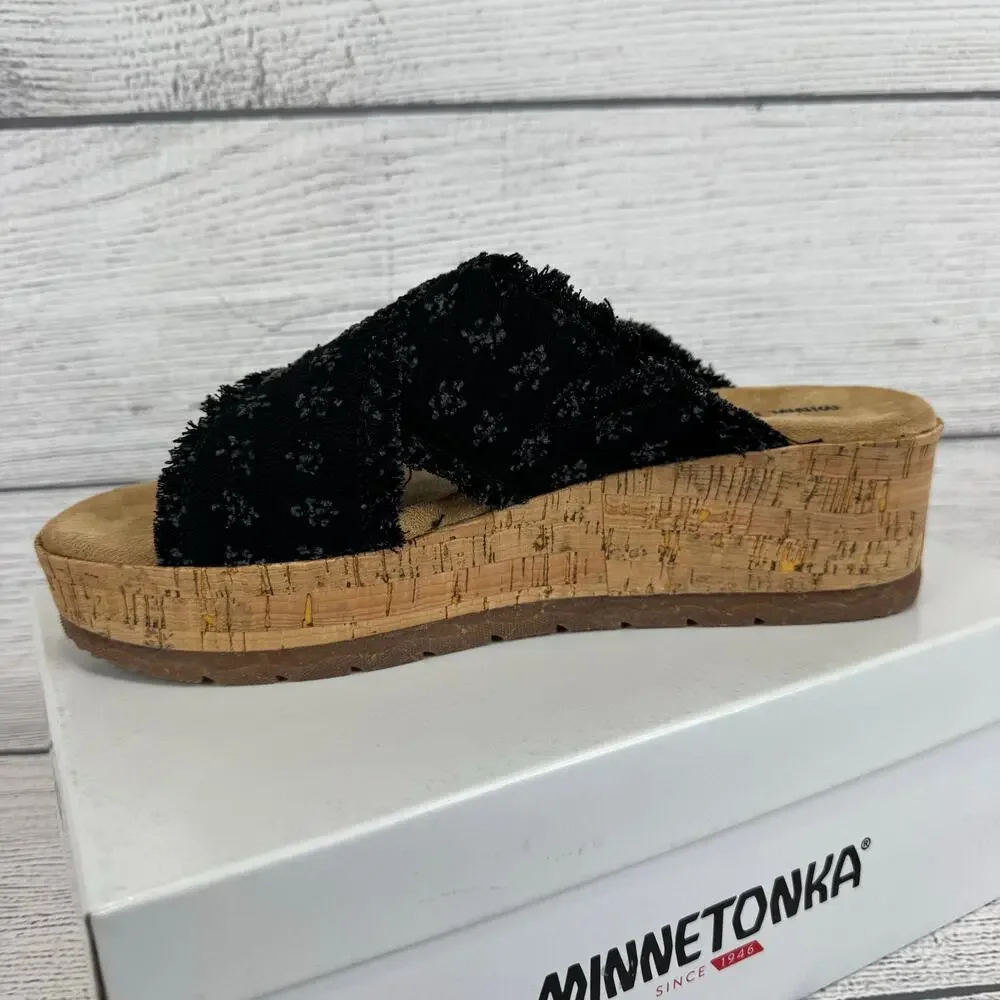 Minnetonka Women's Black Distressed Denim Posey Wedge Sandals Size 11